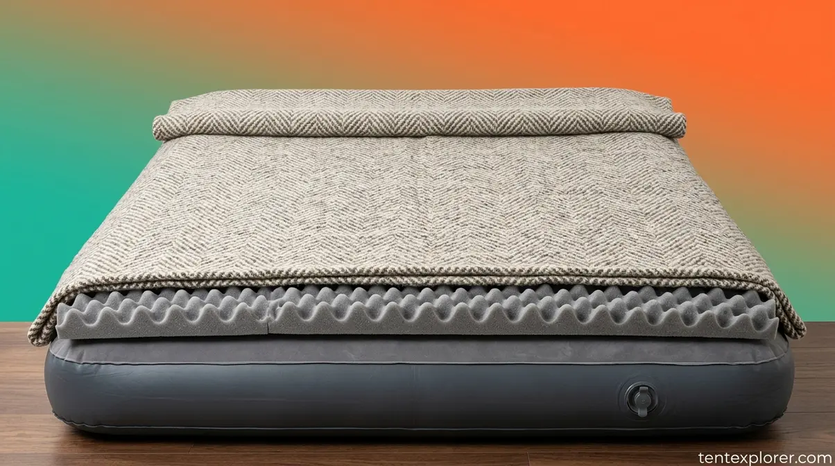 Egg-crate foam topper and wool blanket arranged on top of a camping air mattress
