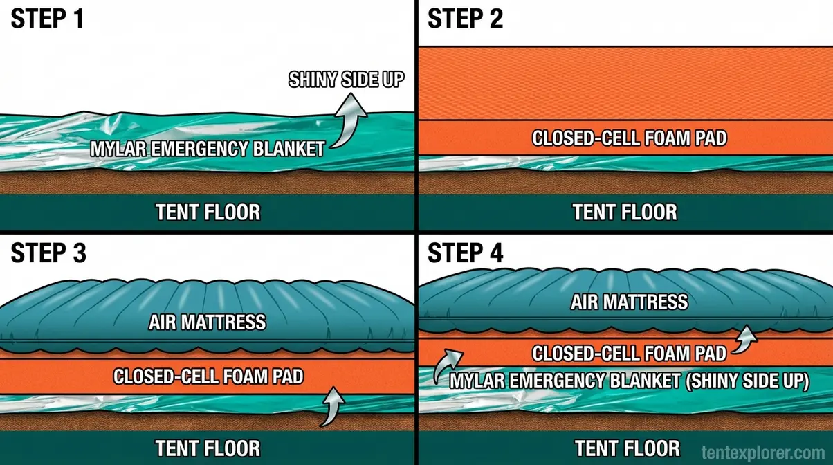 Step-by-step diagram showing correct layer order for insulating beneath a camping air mattress warm camping setup
