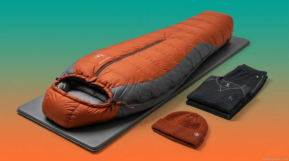 Mummy sleeping bag with merino wool base layers and beanie for cold camping