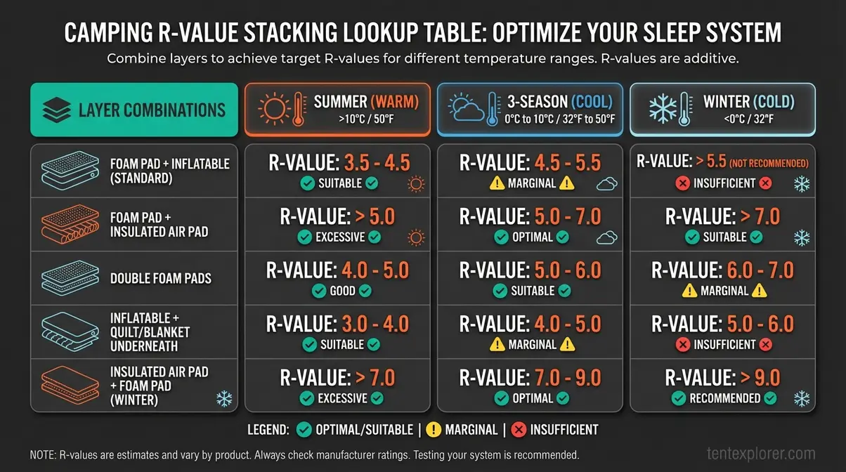 Comparison chart showing R-value combinations for camping air mattress insulation layers by temperature range