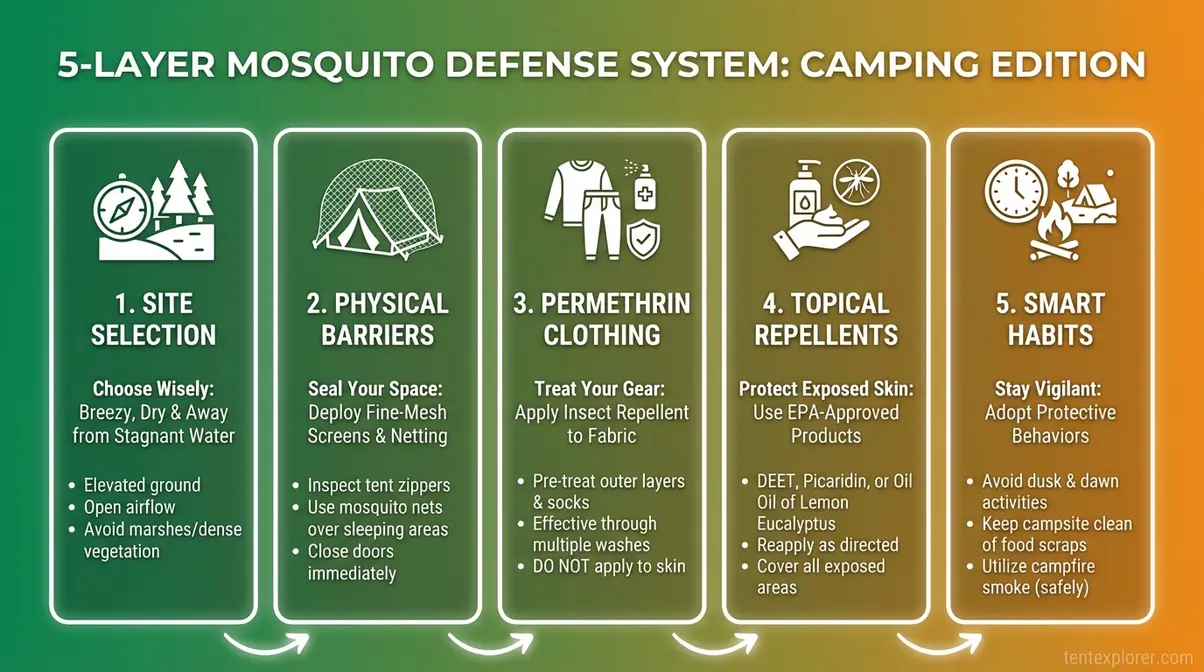 Infographic showing 5-layer mosquito defense system for camping including site selection barriers clothing repellents and habits