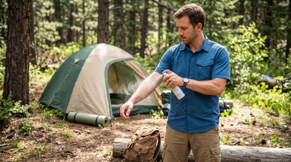 Camper applying EPA-registered topical mosquito repellent spray to exposed skin