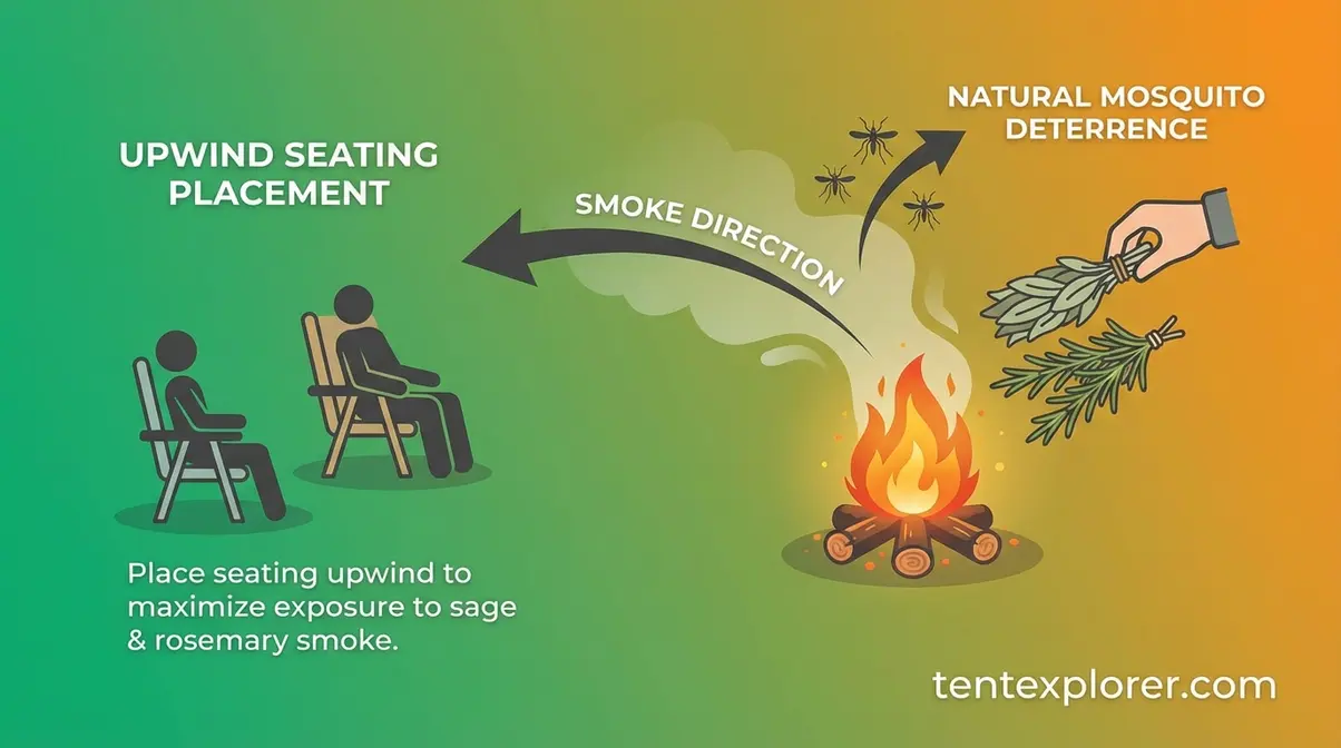 Diagram showing dried sage and rosemary added to campfire for natural mosquito deterrence while camping