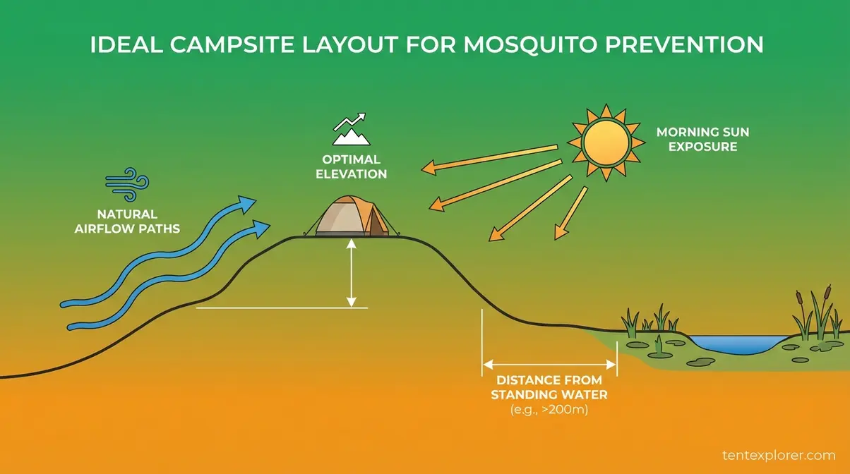 Diagram showing mosquito-free campsite placement using elevation airflow and sun exposure for camping