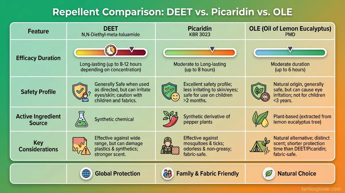 Comparison chart showing DEET Picaridin and OLE repellent efficacy duration and safety profiles for camping mosquito protection