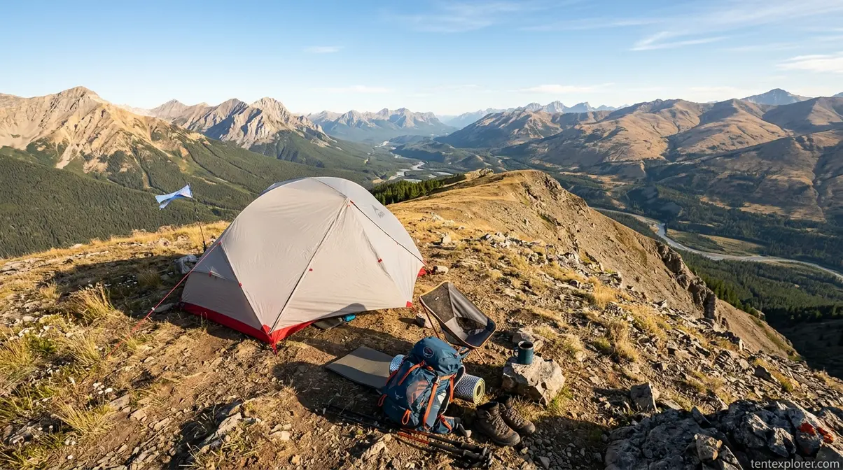Tent pitched on an elevated breezy ridge to avoid mosquitoes while camping