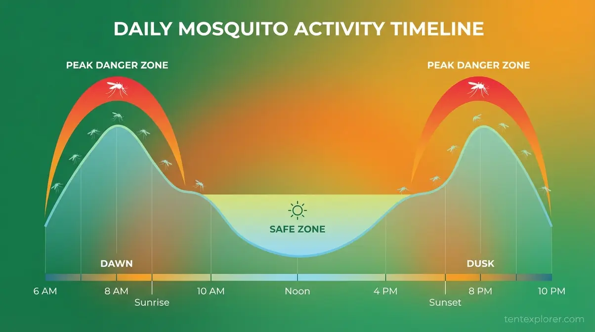 Timeline graphic showing peak mosquito activity at dusk and dawn versus low activity midday for camping planning