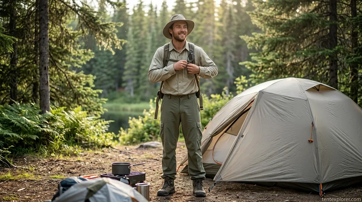 Camper wearing light-colored loose long sleeves and pants to prevent mosquito bites