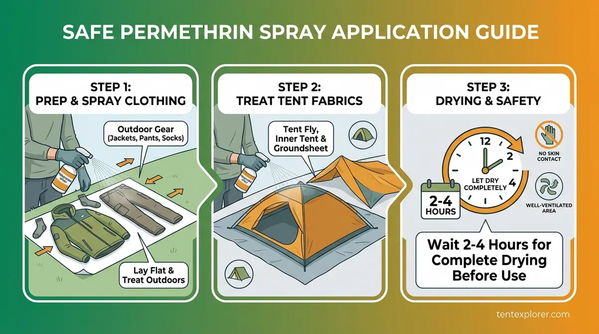 Visual guide showing safe permethrin spray application steps on camping clothing tent and gear for mosquito protection