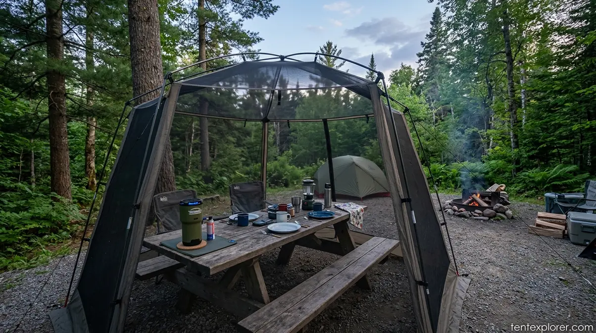 Screened dining tent and spatial repeller protecting a campsite picnic table