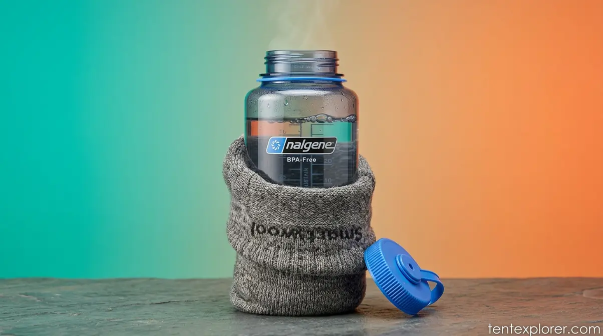 Nalgene hot water bottle partially wrapped in a wool sock for tent warmth