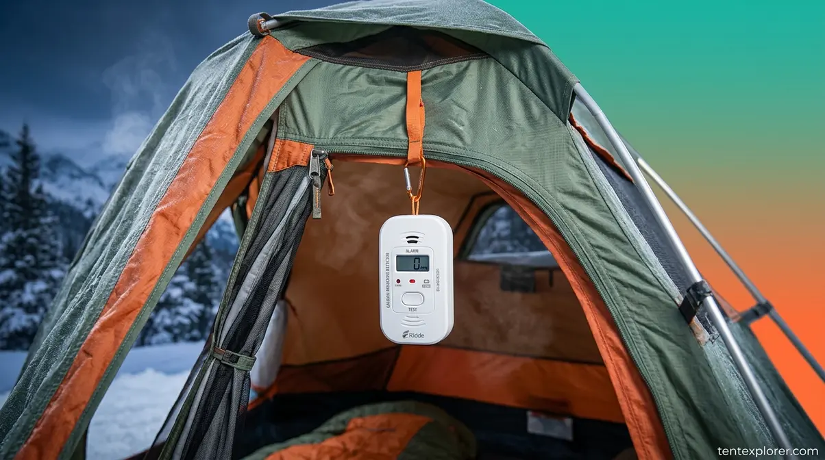 Battery-powered carbon monoxide detector hanging safely inside a cold weather camping tent