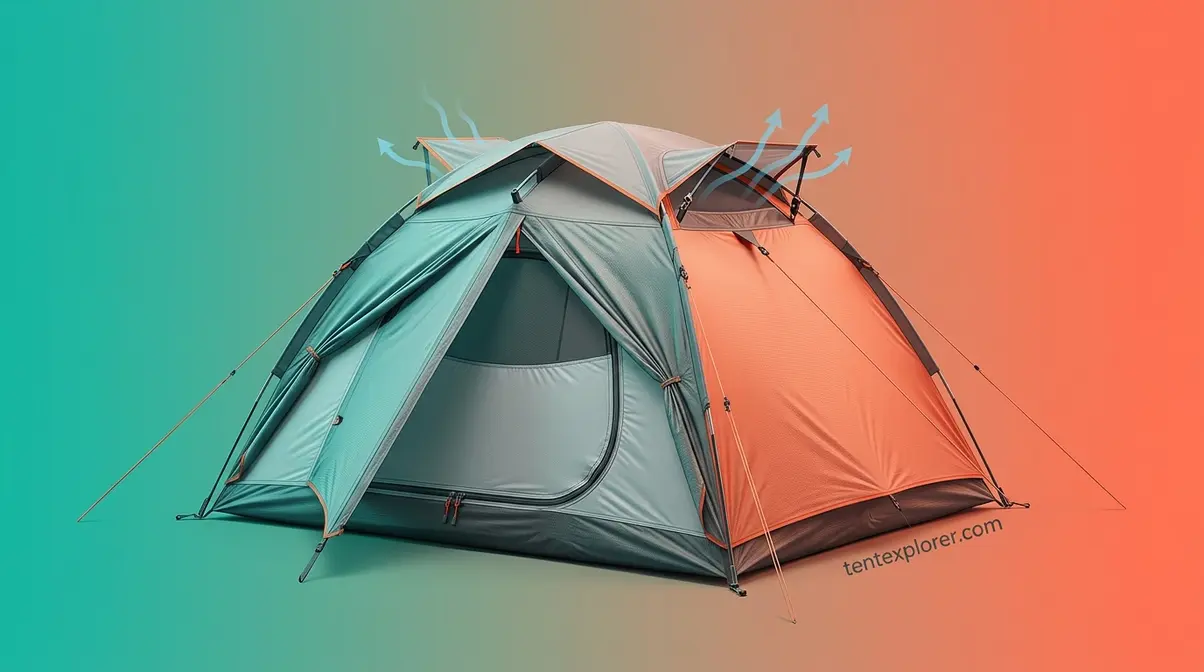 Camping tent with open roof vents to manage condensation and prevent moisture buildup