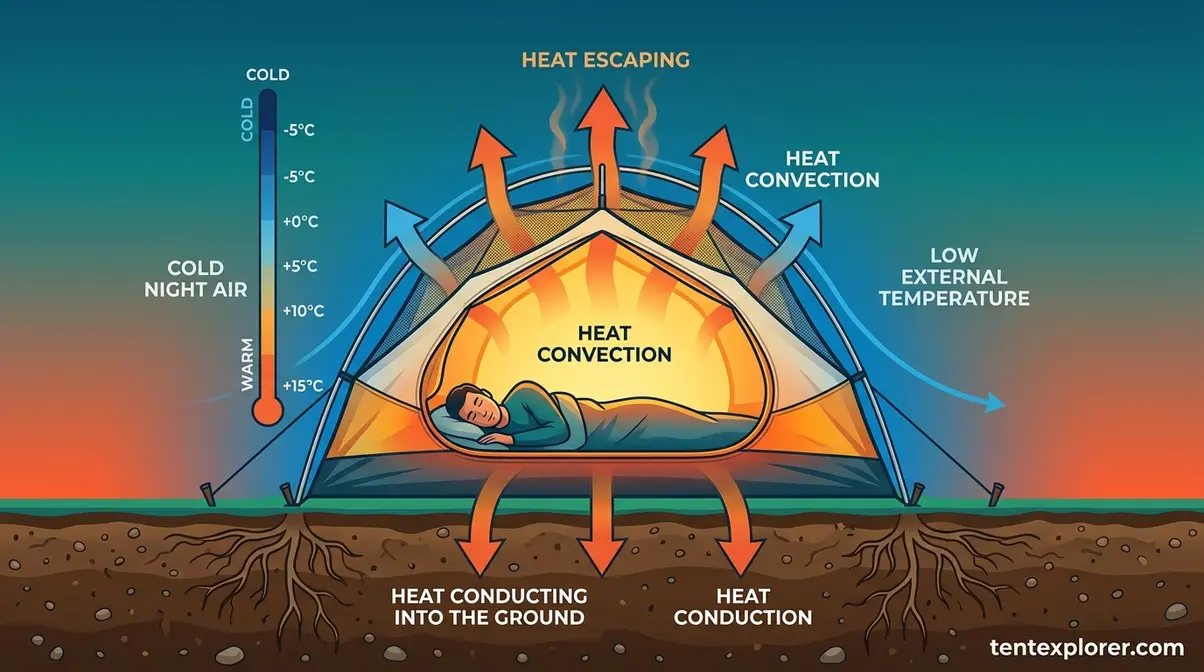 Diagram showing conduction and convection heat loss pathways in a winter camping tent