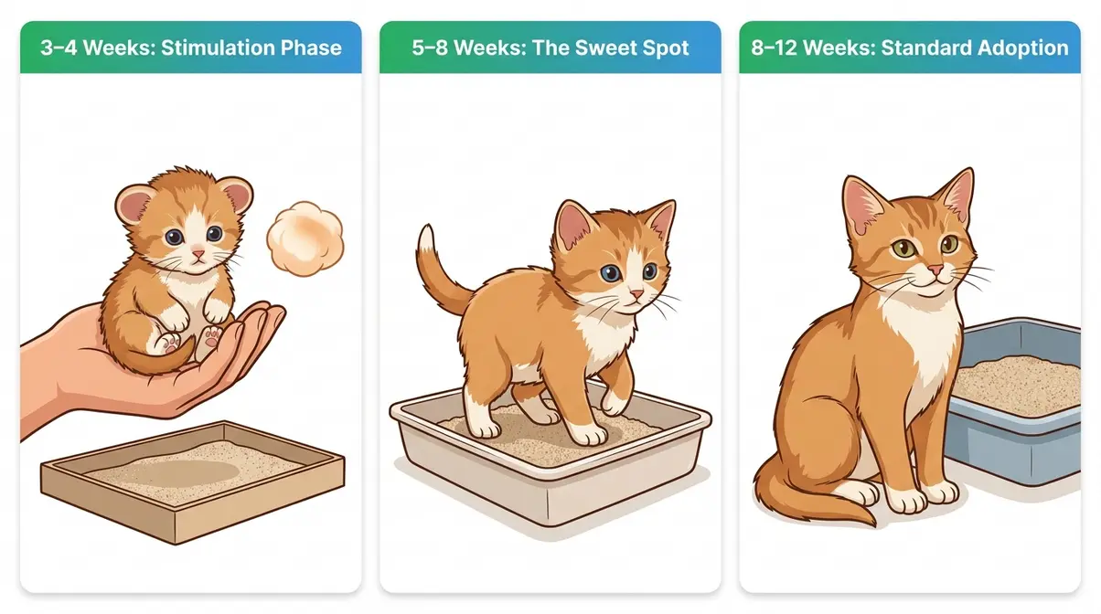 Three illustrated panels showing kitten litter training approach at three age stages: 3–4 weeks, 5–8 weeks, and 8–12 weeks