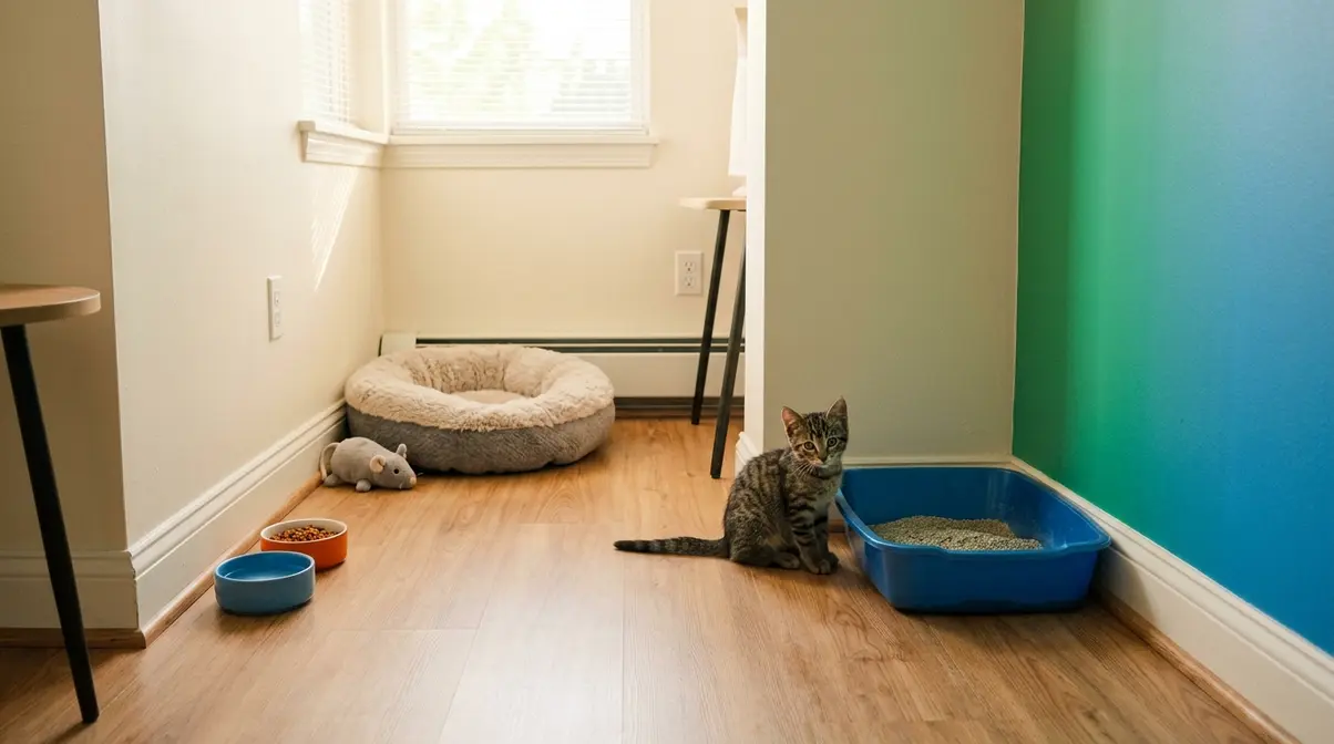 Small kitten in a single confinement room with litter box, food bowls, and bed for litter training