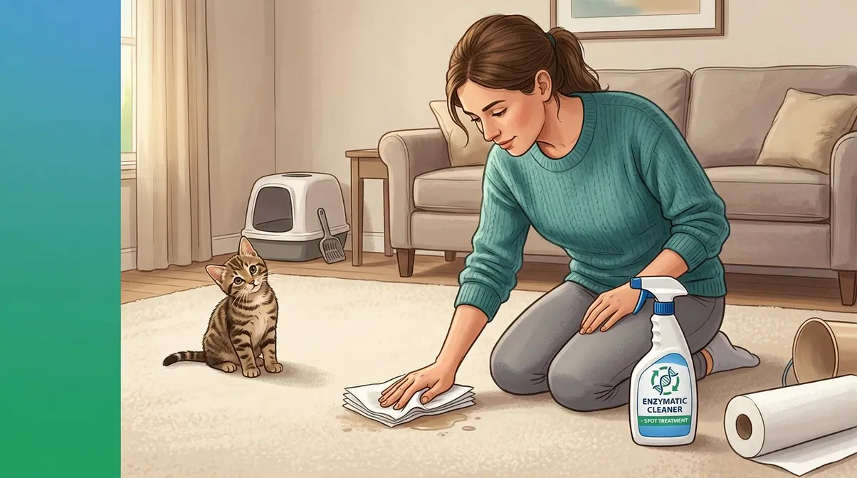 Person blotting a kitten urine accident on carpet with paper towels next to an enzymatic cleaner spray bottle
