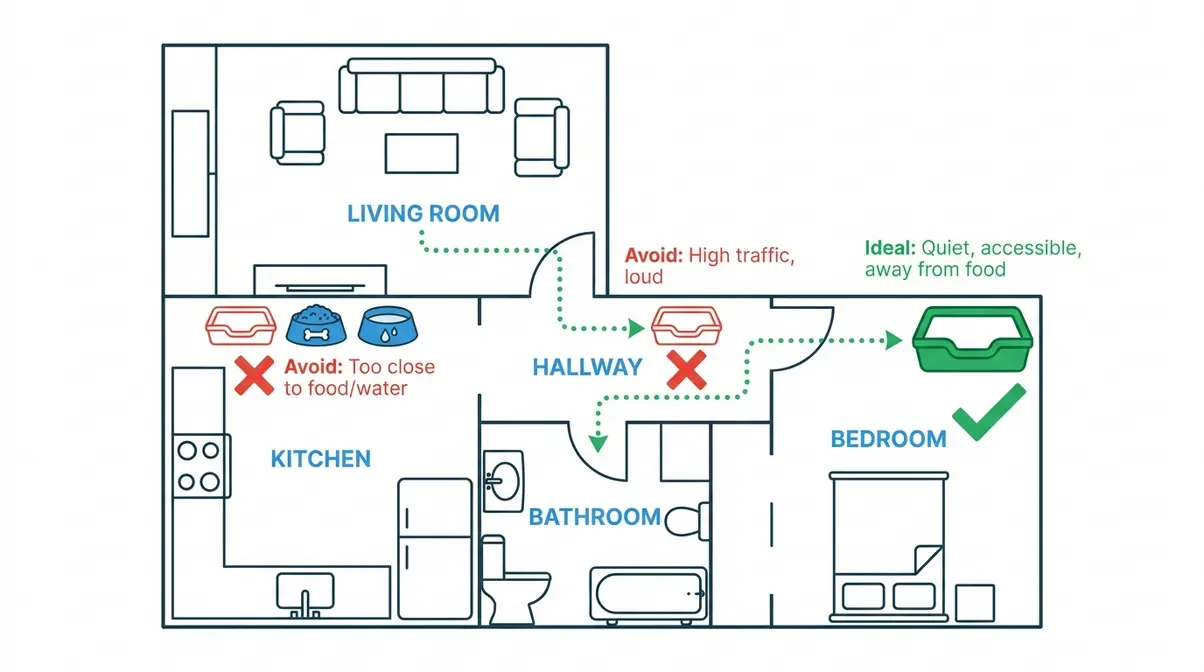 Illustrated home floorplan showing ideal and incorrect litter box placement locations for kitten litter training
