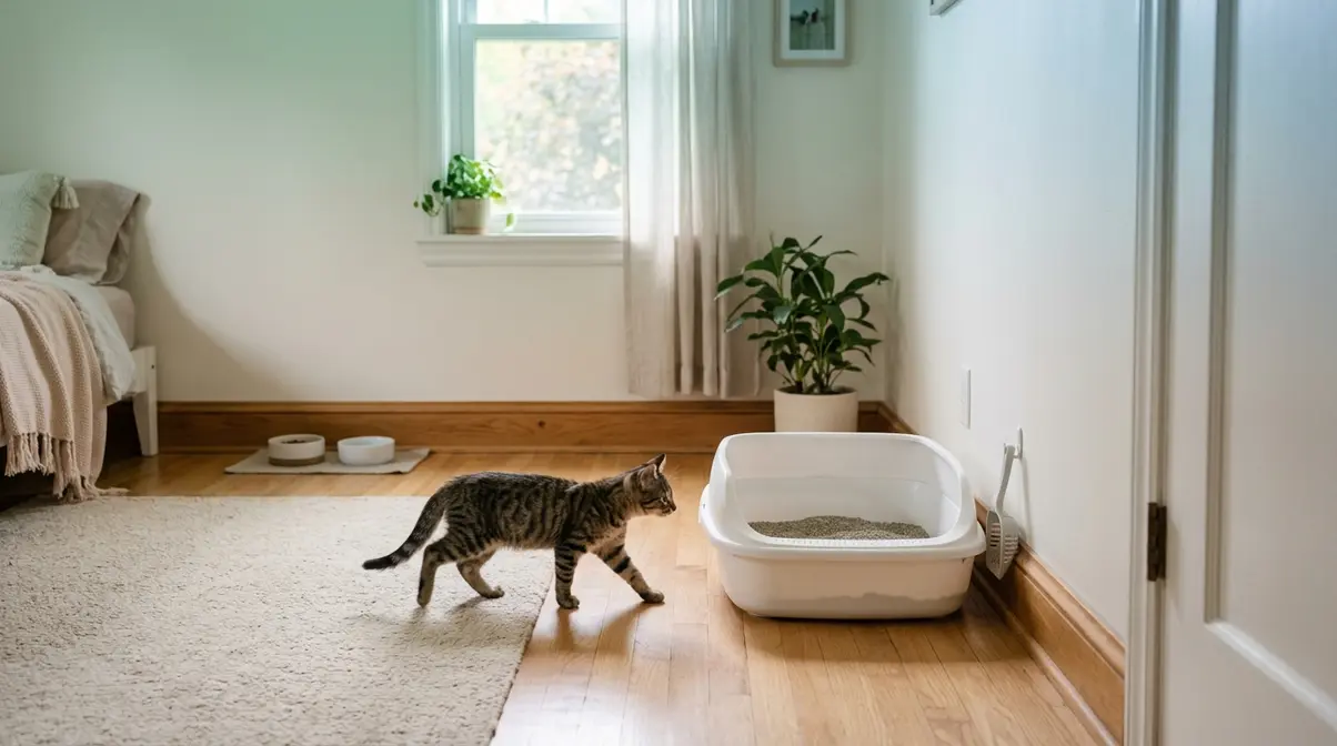 Shallow kitten litter box placed in a quiet bedroom corner away from food and water bowls for optimal training