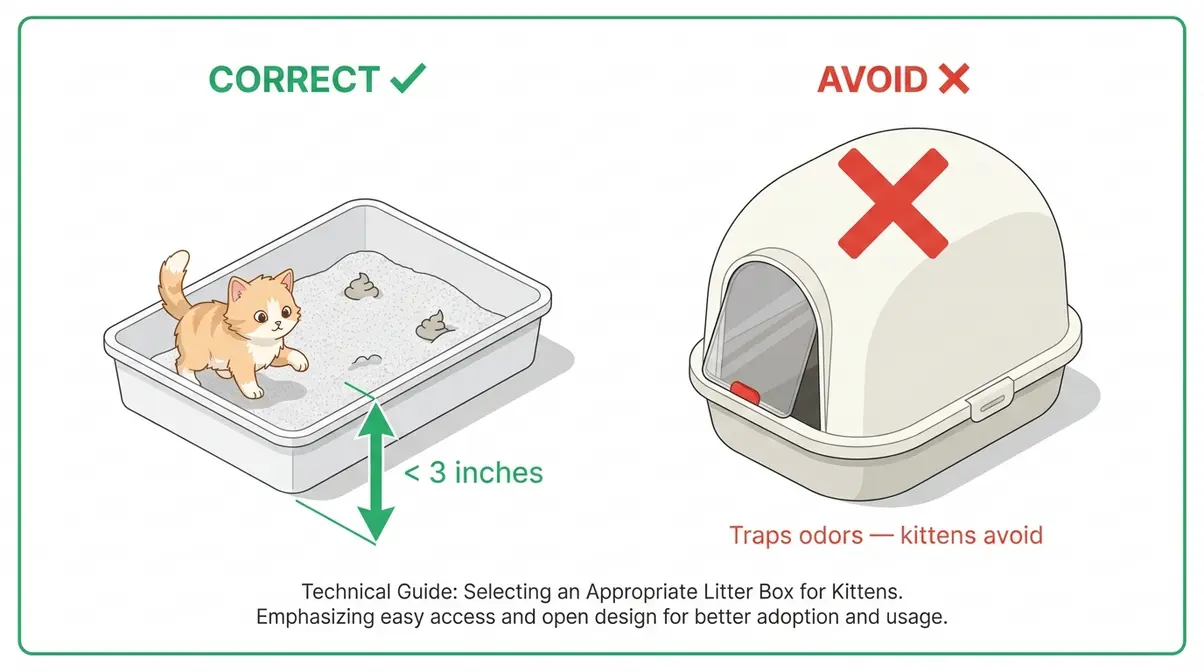 Diagram comparing correct shallow open-top litter box versus incorrect high-sided covered box for kitten litter training