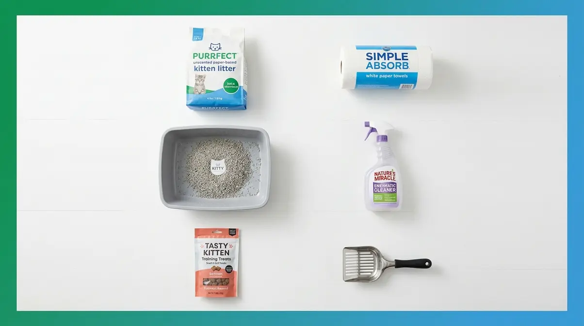 Kitten litter training supplies laid out including shallow litter box, unscented litter, enzymatic cleaner, and treats
