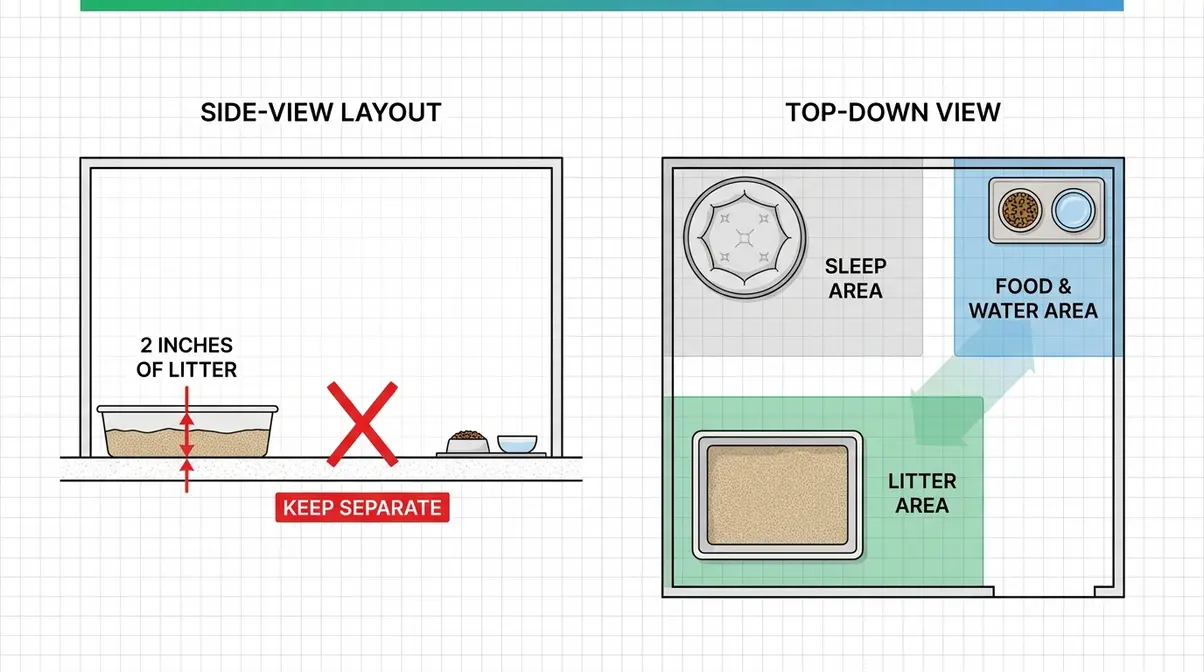 Diagram showing correct litter box setup with 2-inch litter depth and placement away from food bowls