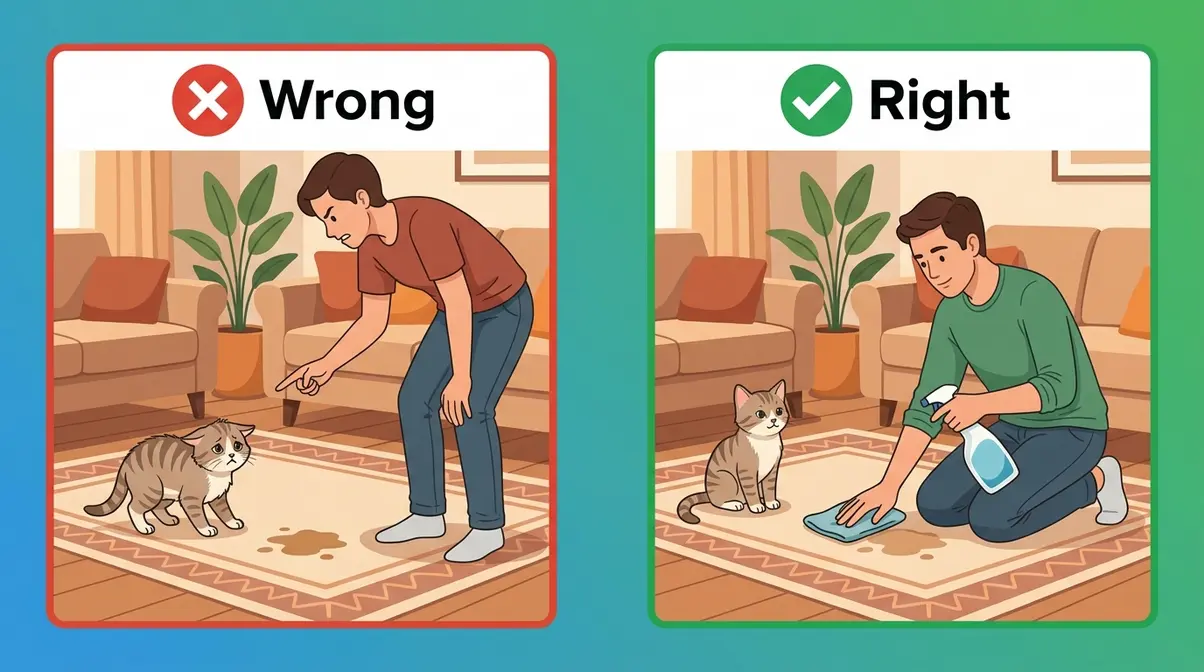 Split illustration showing wrong punishment versus correct calm cleanup after a kitten litter training accident