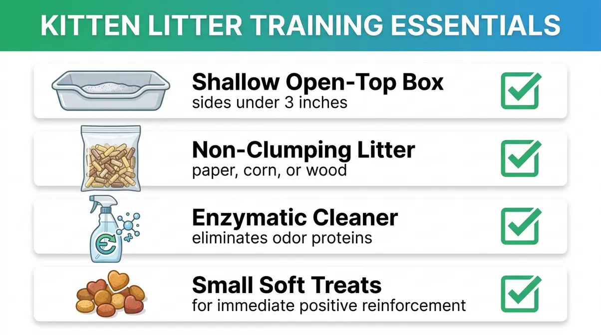 Infographic checklist of four essential kitten litter training supplies: shallow box, non-clumping litter, enzymatic cleaner, and treats