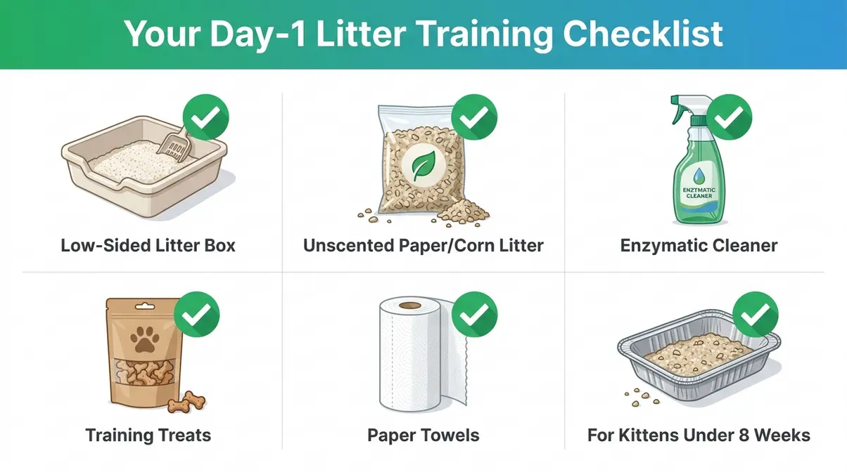 Kitten litter training supply checklist showing litter box, unscented litter, enzymatic cleaner, and treats