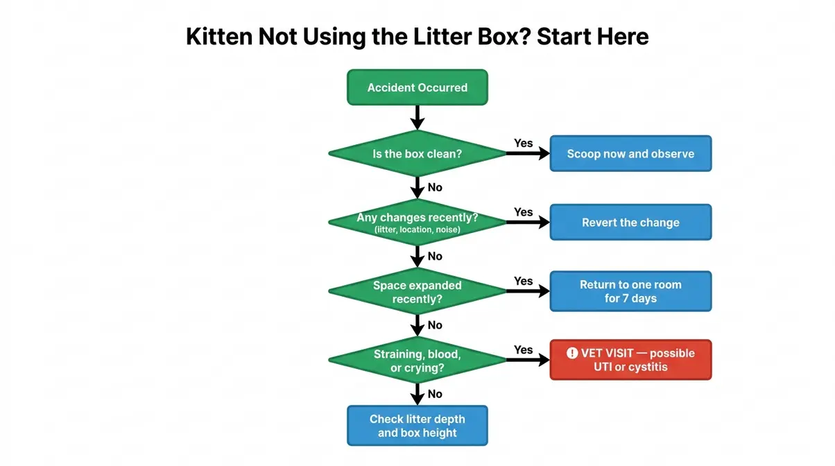 Kitten litter training troubleshooting flowchart showing decision tree from accident to solution including dirty box, wrong litter, medical red flags, and space too large