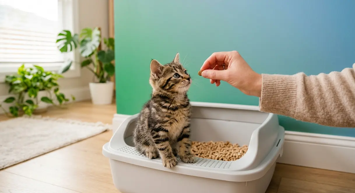 Person offering a training treat to a kitten sitting beside a clean litter box as positive reinforcement