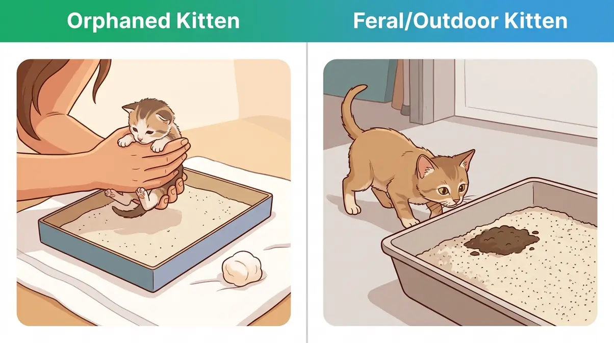 Two illustrated panels showing adapted litter training techniques for orphaned kittens and feral or outdoor kittens