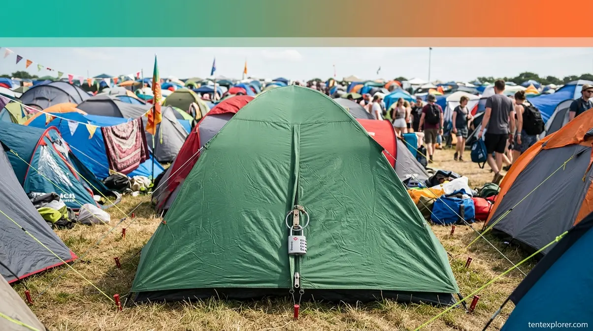 Discreetly locked green tent at a crowded music festival using a cable lock