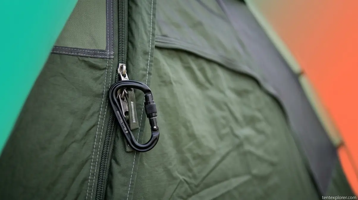 Black climbing carabiner clipped through internal tent zipper pulls for quick-release security