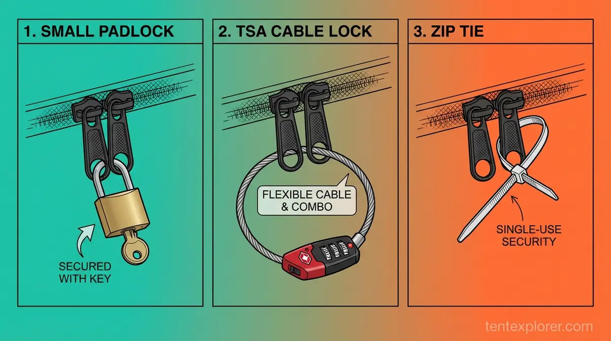 How to lock a tent from the outside showing padlock cable lock and zip tie methods through zipper pulls