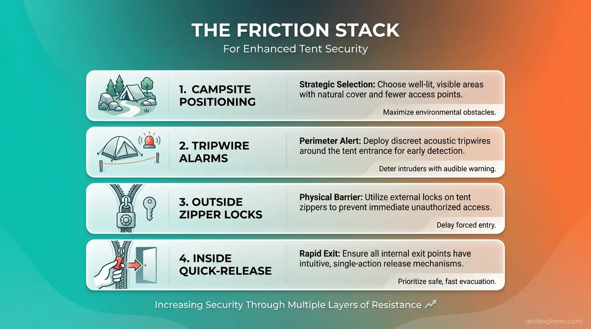 How to lock a tent security methods overview showing the friction stack concept with four deterrence layers