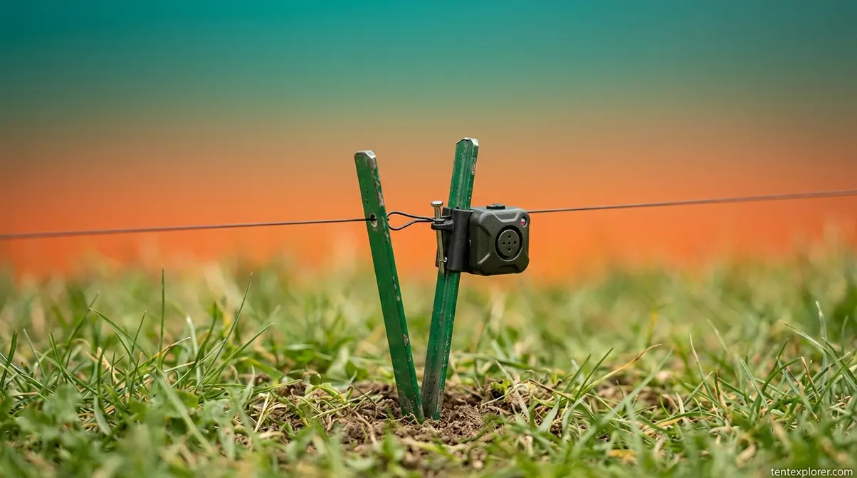 Campsite tripwire alarm system set up near a green tent peg for security