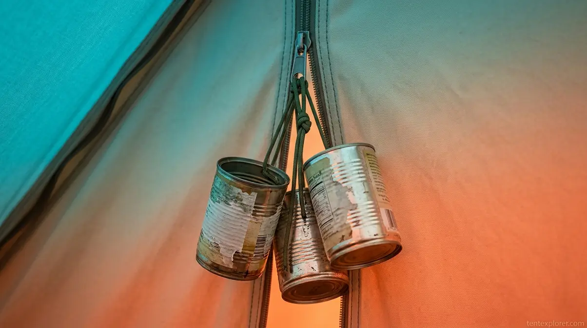 Empty tin cans tied to an interior tent zipper pull as a DIY alarm