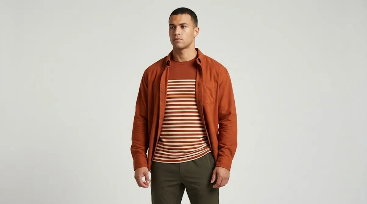 Well-fitted layered clothing with horizontal stripes showing strategic style for looking bigger
