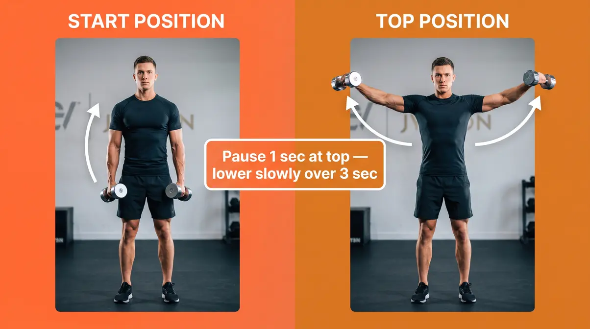 Step-by-step lateral raise exercise form comparison showing start and top position for shoulder width