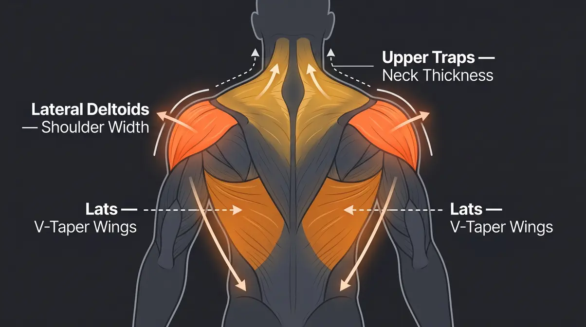 Anatomical diagram of lateral deltoids, lats, and upper traps showing how to look bigger