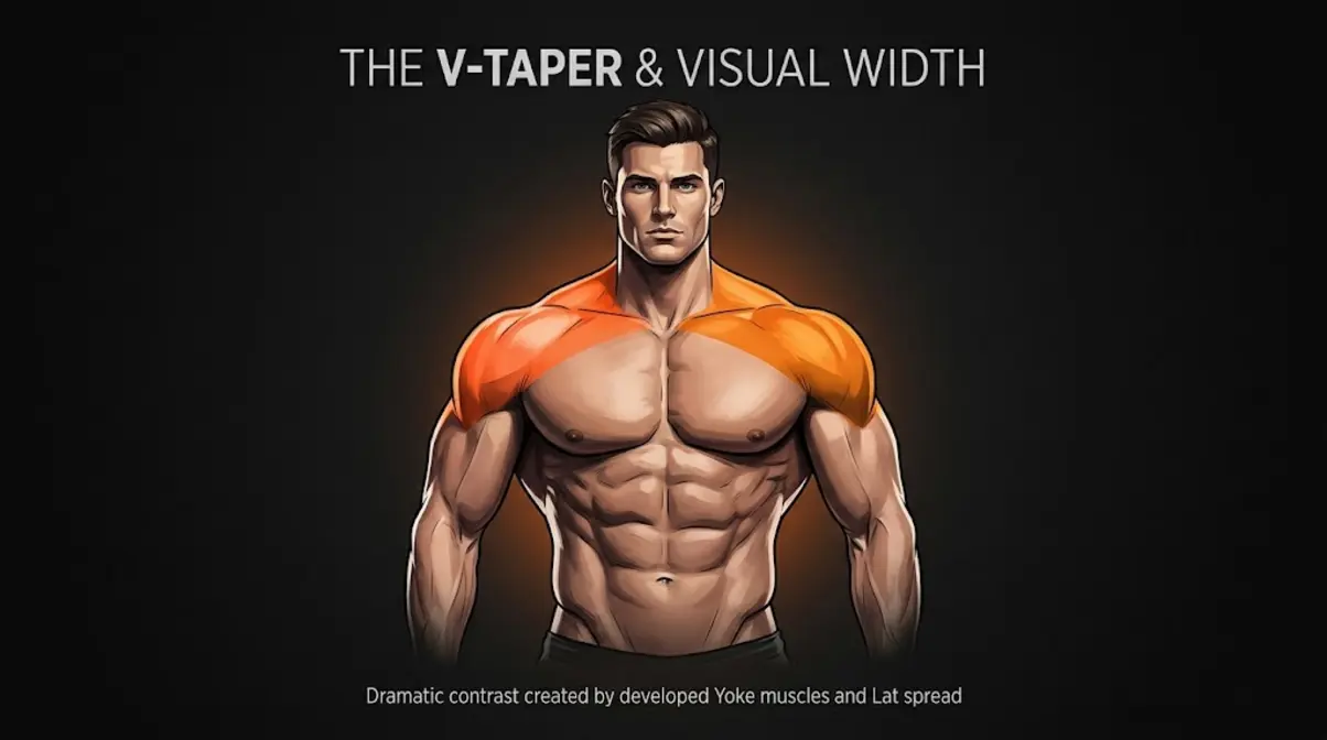 Athletic upper body showing wide shoulder to waist V-taper silhouette for looking bigger
