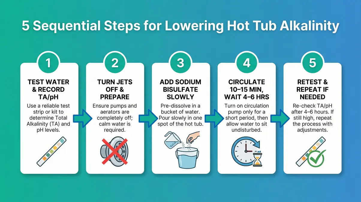 Five-step flowchart showing how to lower alkalinity in a hot tub from testing to retesting