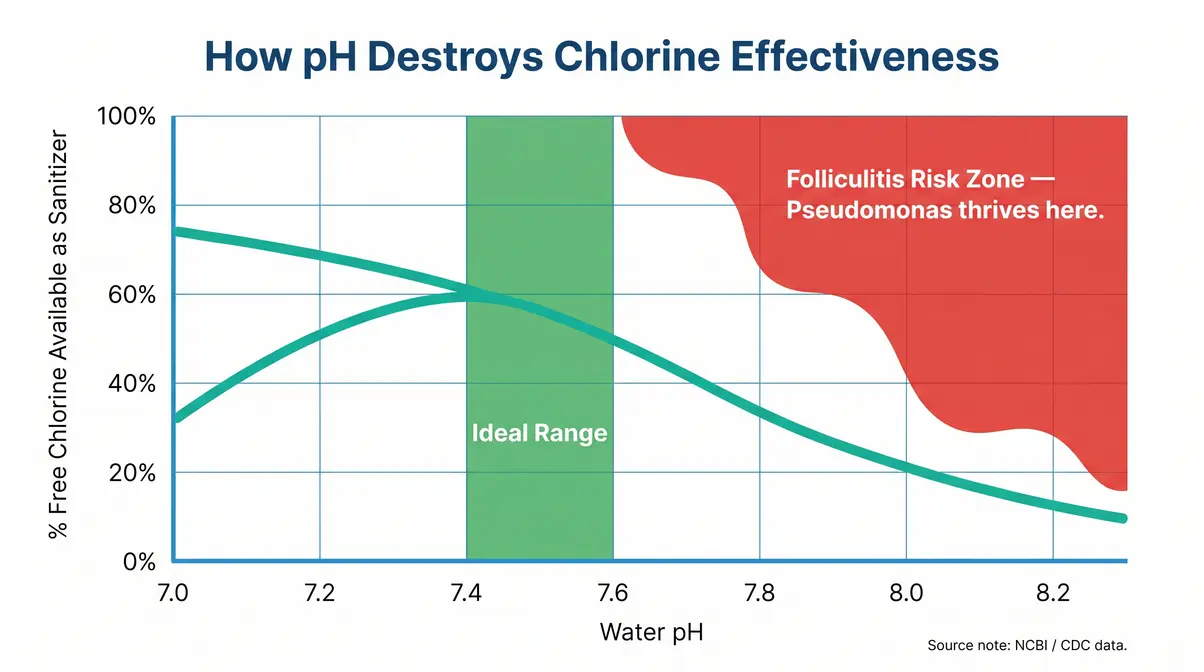 Chart showing how hot tub pH level affects chlorine effectiveness and hot tub folliculitis risk zone