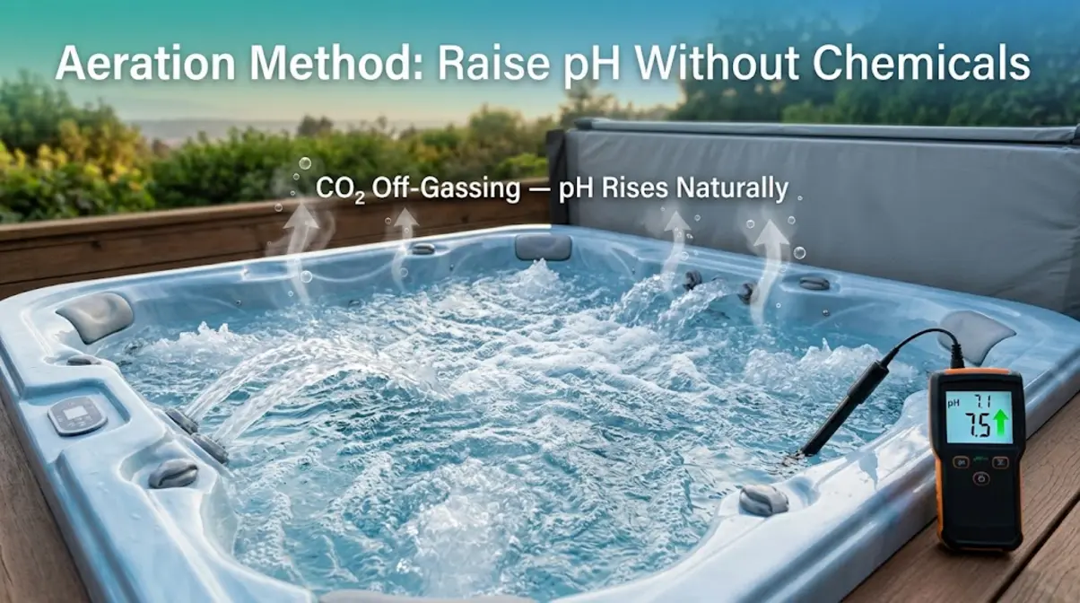 Hot tub aeration method with jets running and cover removed to raise pH naturally after alkalinity treatment