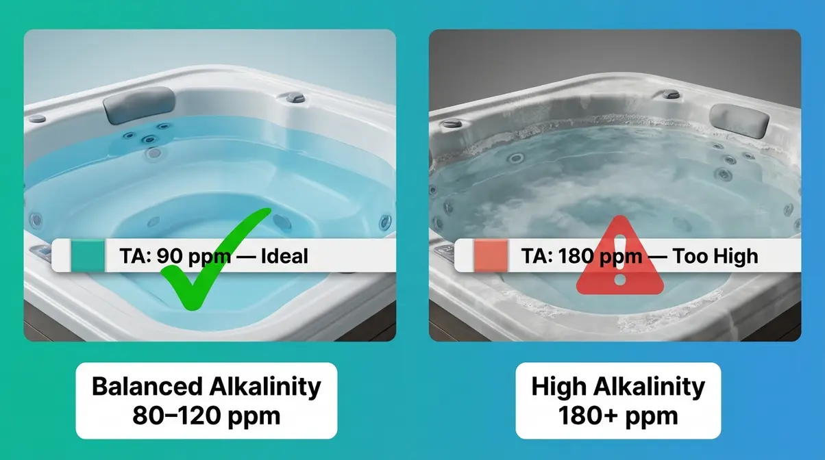 Side-by-side comparison of ideal versus high hot tub alkalinity showing clear water versus cloudy water