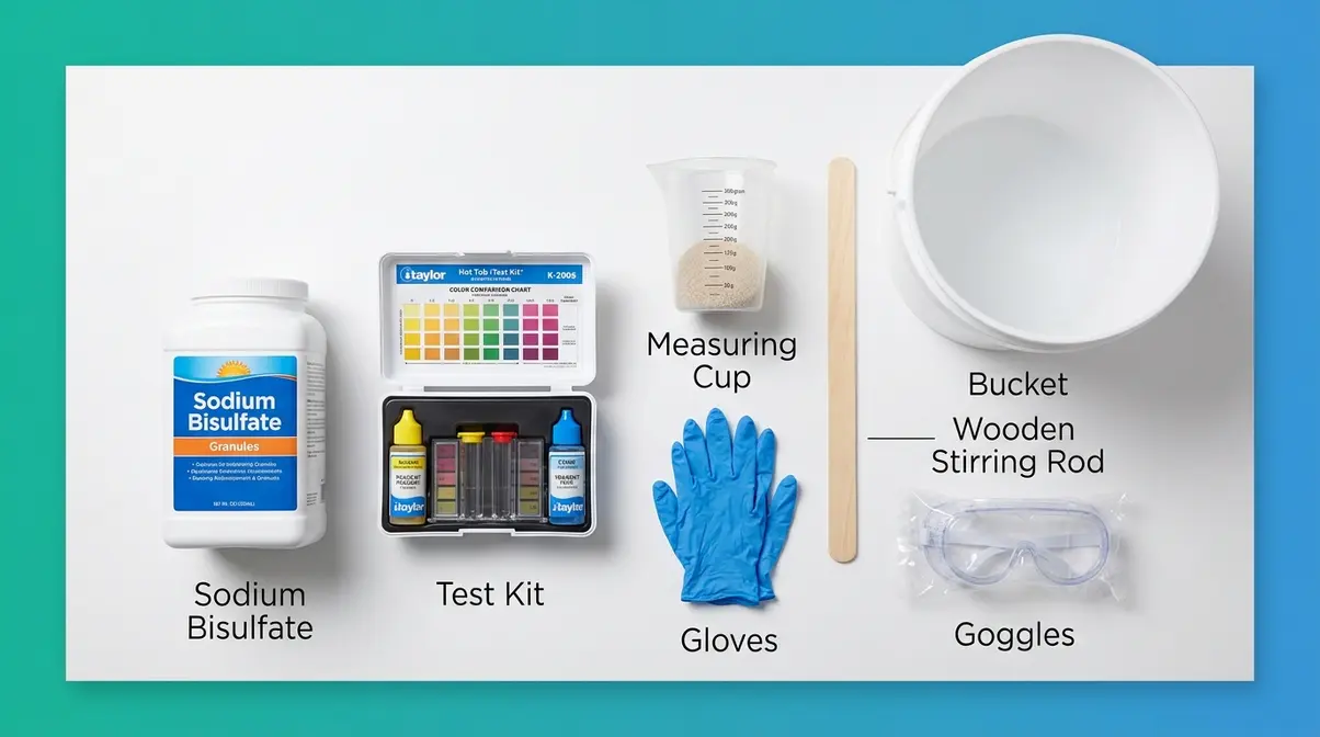 Hot tub alkalinity treatment supplies including sodium bisulfate test kit gloves and measuring cup