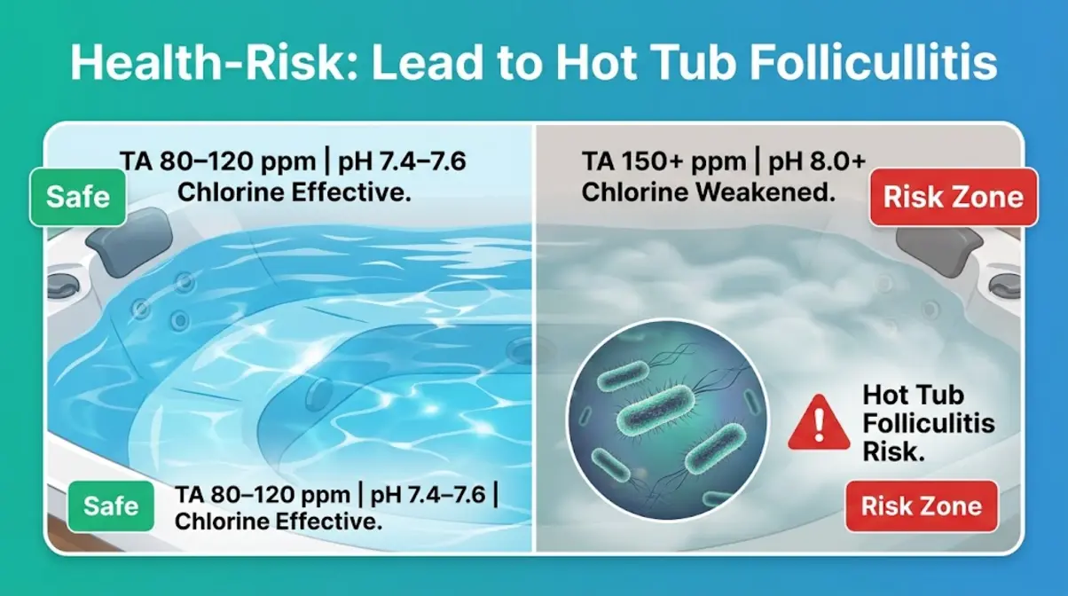 Hot tub folliculitis risk diagram showing how high alkalinity weakens chlorine and enables Pseudomonas bacteria