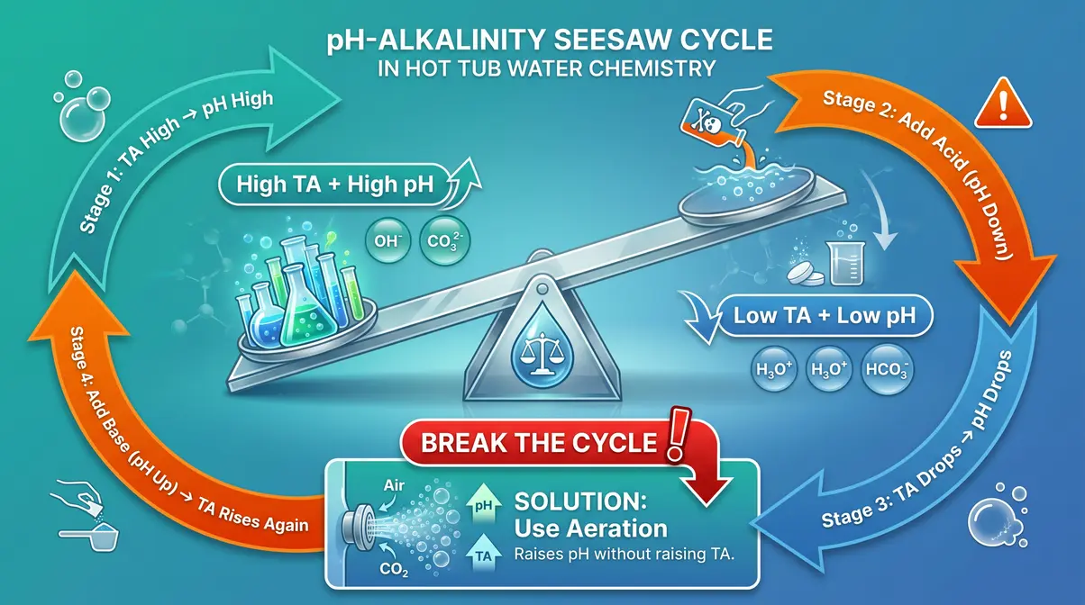The pH-Alkalinity Seesaw diagram showing how hot tub alkalinity and pH affect each other in a cycle