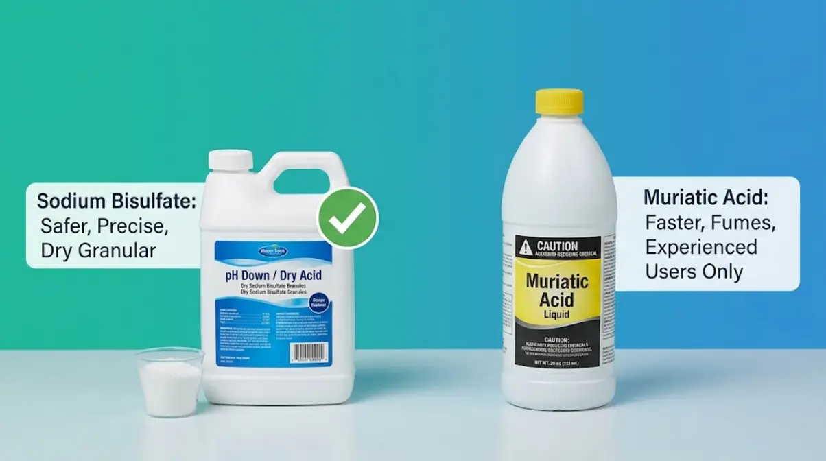 Sodium bisulfate versus muriatic acid comparison for lowering hot tub alkalinity safely